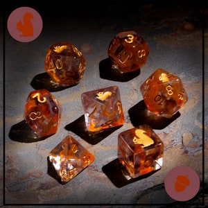 Juego de 7 dados de ardilla "Spirit Of" para juegos de rol, mazmorras y dragones, juegos de mesa, D20, regalo geek, dados transparentes, coleccionistas de dados, dados de animales