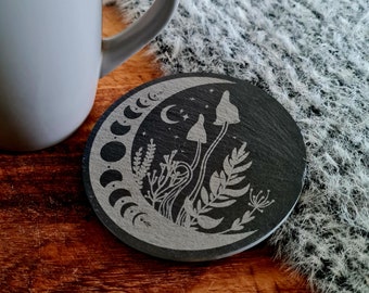 Mushroom Moon Coaster, RPG, Fantasy decor, Slate Coaster, Home dining, geek decor, Dungeons and dragons, gifts.