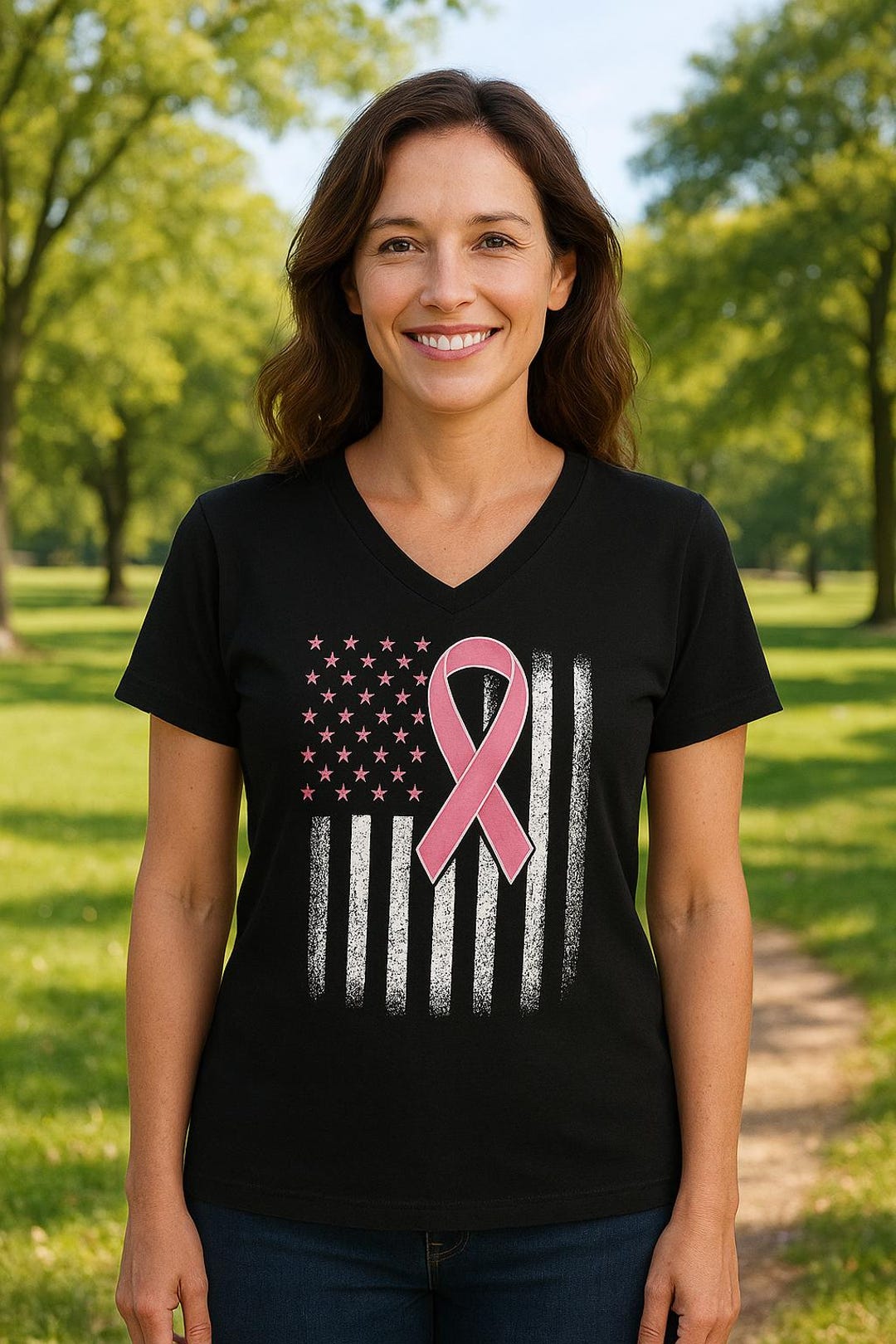 Breast Cancer Awareness Shirt • Pink Ribbon American Flag Tee •cancer ...
