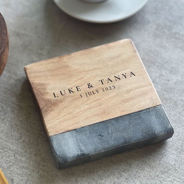 Personalised Marble & Acacia Wood Coaster (Inc Gift Box) | Wedding Gift | Birthday Gift | Drinks Coaster | Wine Coaster | Engagement Gifts