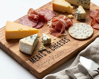 Meats & Cheeses Always Pleases Engraved Olive Wood Cheese and Charcuterie Board, Personalised Gift for New Home, Birthday or Wedding