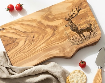 Rustic Olive Wood Stag Deer Engraved Cutting and Cheese Board | Wooden Chopping and Cheeseboard | Sustainable, No Glue & No Plastic