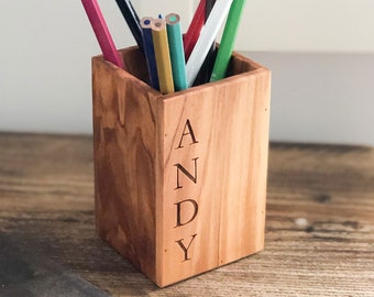 Personalized Italian Olive Wood Pencil Pen Pot | Personalised Pen Holder | Wooden Desk Tidy | Kids Pencil Pot | Paint Brush Holder | Make Up