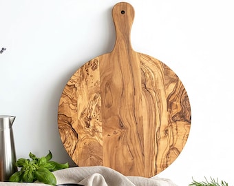 Olive Wood Round Pizza Cutting Board Platter | Charcuterie Cheese & Serving Board.