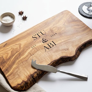 Personalised Custom Olive Wood Cheese and Cutting board | 5th Anniversary, Wedding and New Home Gift