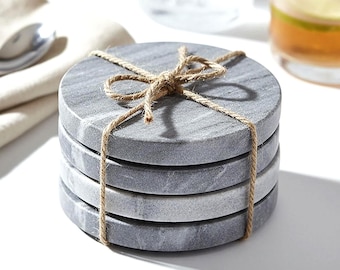 Set of 4 Round Grey or White Marble Coasters – Stone Drink Coasters for Coffee, Tea, Whiskey or Gin, Modern Home Decor & Gift Idea