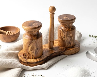 Olive Wood Salt & Pepper 3 Piece Shaker Set, Handcrafted Rustic Kitchen Accessory, Natural Sustainable Homeware Gift, Dining Table Decor