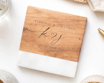 Personalised Wood & Marble Coaster, Engraved Drinks Coaster, Birthday and Thank You Gift for Mum and Friend, Custom Bridal Shower Gift