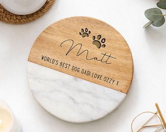 Personalised Marble and Wood Coaster, Engraved Dog or Cat Lover Gift