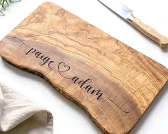 Personalized Live Edge Custom Olive Wood Cheese Board | Personalised Gifts For Couples for Wedding, Engagement, 5th Anniversaries.