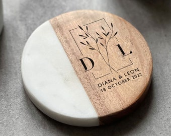 Personalised Marble/Acacia Wood Coaster (Inc Gift Box) | Wedding Gift | Personalized | Engagement Gift |  New Home | 5th Anniversary Gift