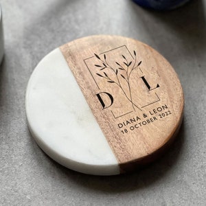 Personalised Marble/Acacia Wood Coaster (Inc Gift Box) | Wedding Gift | Personalized | Engagement Gift |  New Home | 5th Anniversary Gift