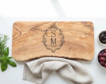 Personalised Olive Wood Cheese Board, Monogram Christmas and New Home Gift, Couples Rustic Chopping Board