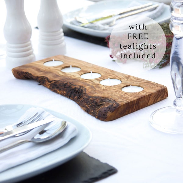 Contemporary Rustic Olive Wood Tealight Holder | Candle Holder | - holds 3, 5 or 7 tealight candles (not included) | Sustainable Home Decor