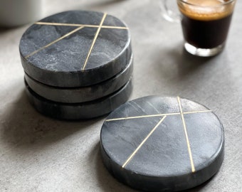 Set of 4 Marble Contemporary Coasters With Brass Insert Detailing | Coffee | Tea | Wine | Wedding Gift | Gifts for Home | Grey