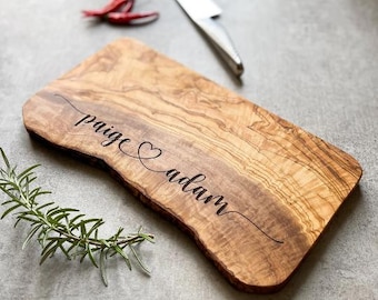 Personalized Live Edge Custom Olive Wood Cheese Board | Personalised Gifts For Couples for Wedding, Engagement, 5th Anniversaries.