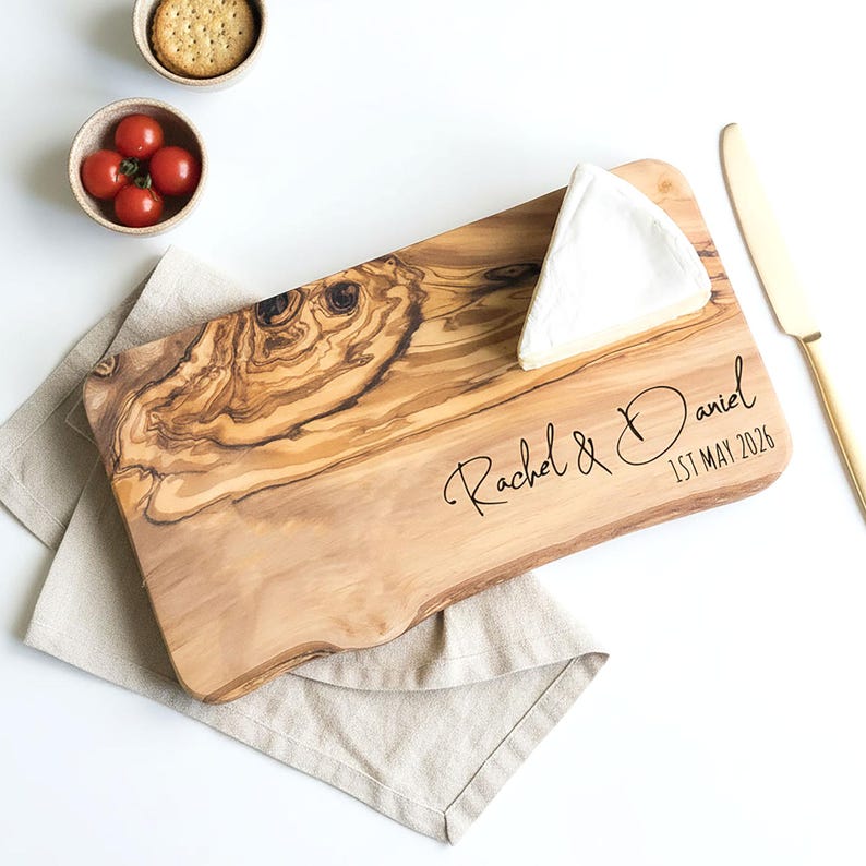 Personalized Natural Olive Wood Rustic Cheeseboard | Personalised Wedding, Birthday & Wood Anniversary Gift For Special Couples and Friends 11.8 x 5.9 x 0.8