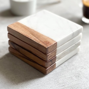 Set of 4 Marble and Wood Square Coasters | Handmade | Coffee, Tea, Wine Table Mat | Wedding, Housewarming & Home Gift