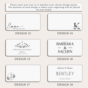 May include: A selection of personalized design layouts for engraving. Each design features names, dates, and decorative elements. The designs include names like Emma, Edward & Sophia, Barbara & Sachin, and Bentley. The text "Please enter your text..." is at the top.
