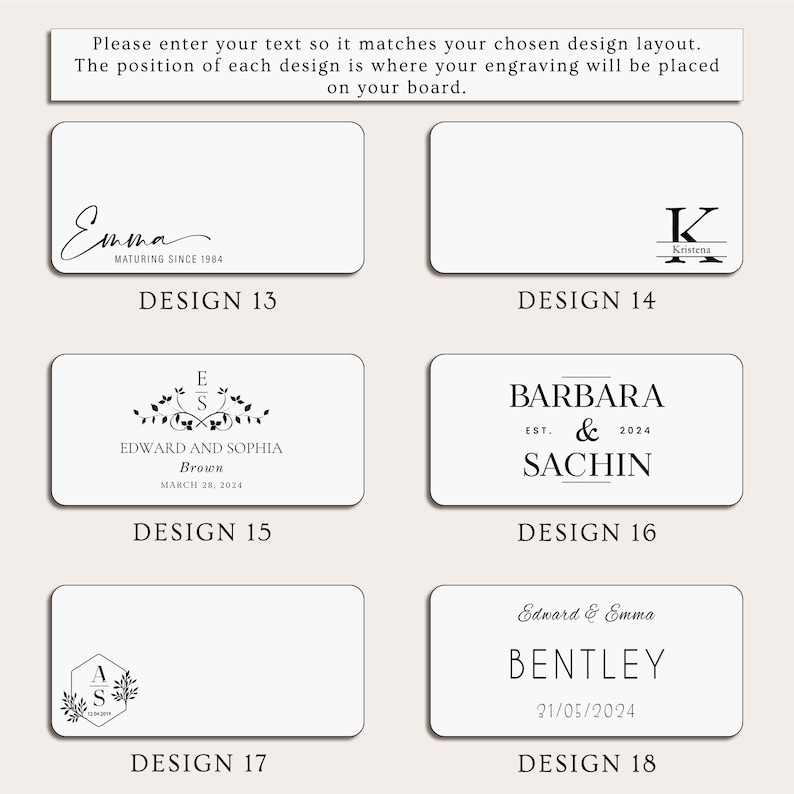 May include: A selection of personalized design layouts for engraving. Each design features names, dates, and decorative elements. The designs include names like Emma, Edward & Sophia, Barbara & Sachin, and Bentley. The text "Please enter your text..." is at the top.
