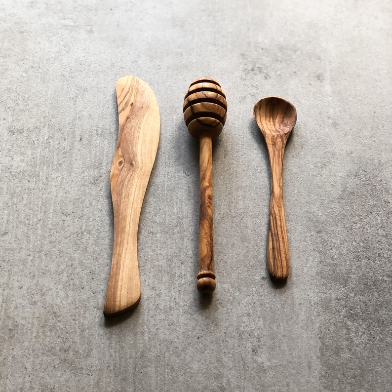 Traditional Olive Wood 3 Piece Breakfast Set Condiment Set Honey Drizzle Jam Spoon Butter Spreader Wooden Sustainable image 1