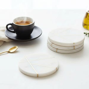 White Marble Coaster Set of 4 with Brass Detailing, Contemporary Drink Coasters, Modern Table Gift