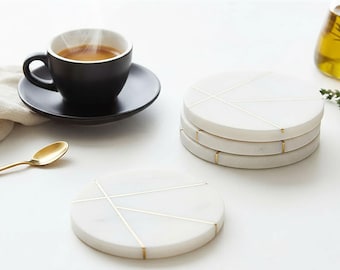 White Marble Coaster Set of 4 with Brass Detailing, Contemporary Drink Coasters, Modern Table Gift
