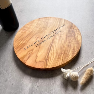 Personalised Round Olive Wood Cheeseboard | Personalized Wedding, New Home and 5th Anniversary Gift for Couple