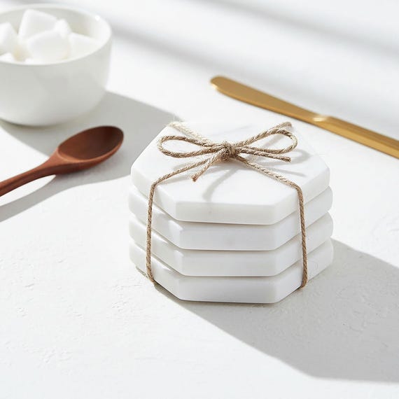 Set of 4 Marble Hexagonal Coasters | Hexagon | White Coasters | Grey Coasters | Housewarming Gift | Marble Homeware | Home Decor