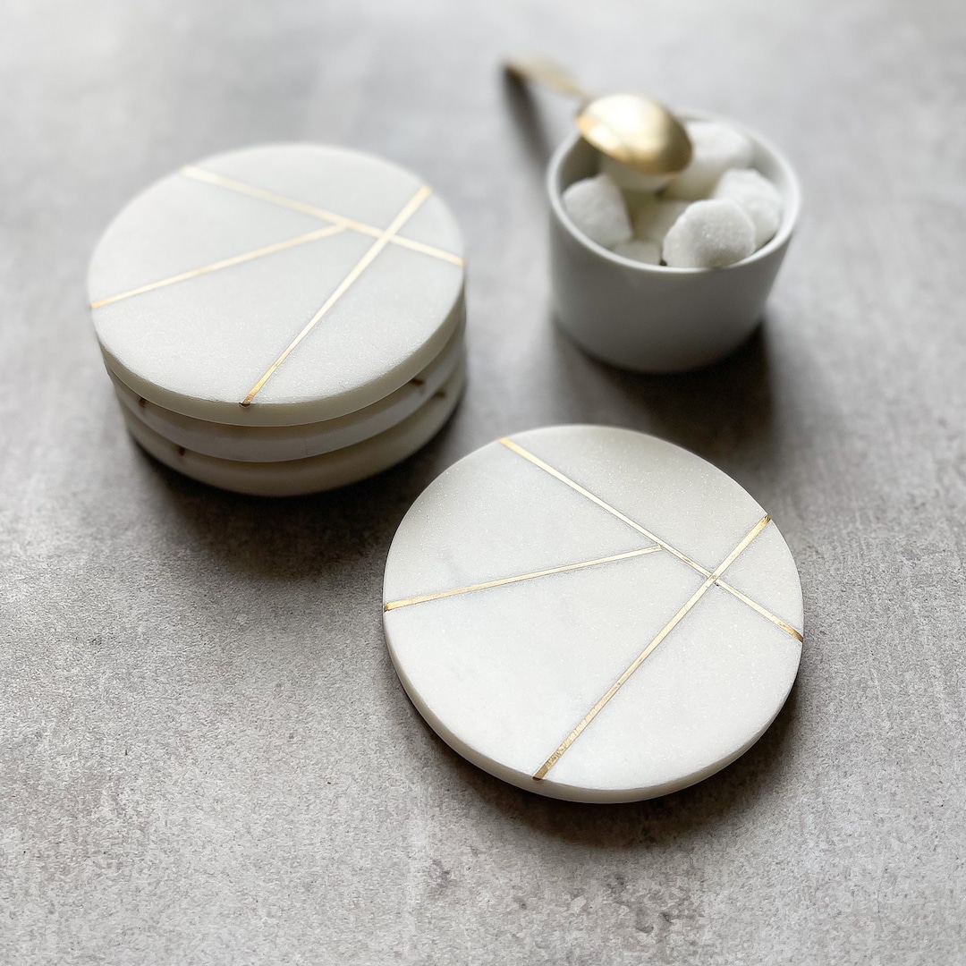 Set of 4 Contemporary Marble Coasters With Brass Detailing Coffee Coasters  Tea Coasters Wine Coasters White Stone Coaster Set 
