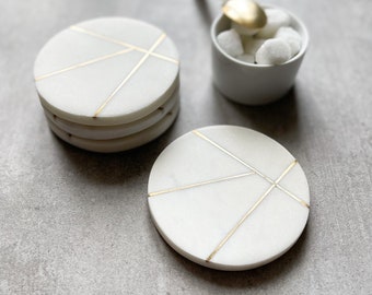 Set of 4 Contemporary Marble Coasters With Brass Detailing | Coffee Coasters | Tea Coasters | Wine Coasters | White | Stone | Coaster Set