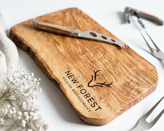 Your Own Custom Logo Engraved Olive Wood Cutting, Cheese, Charcuterie Board - Client & Closing Gifts