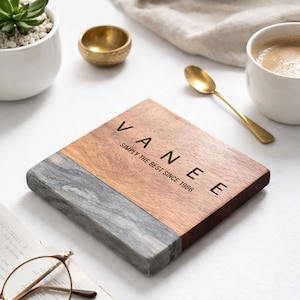 Personalised Marble & Acacia Wood Coaster | Personalized Marble Coaster for Birthday Gifts | Unique Gifts For Friends