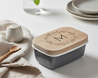 Personalised Enamel Butter Dish with Engraved Wooden Monogram Lid in Dark Grey | with FREE olive wood butter spreader