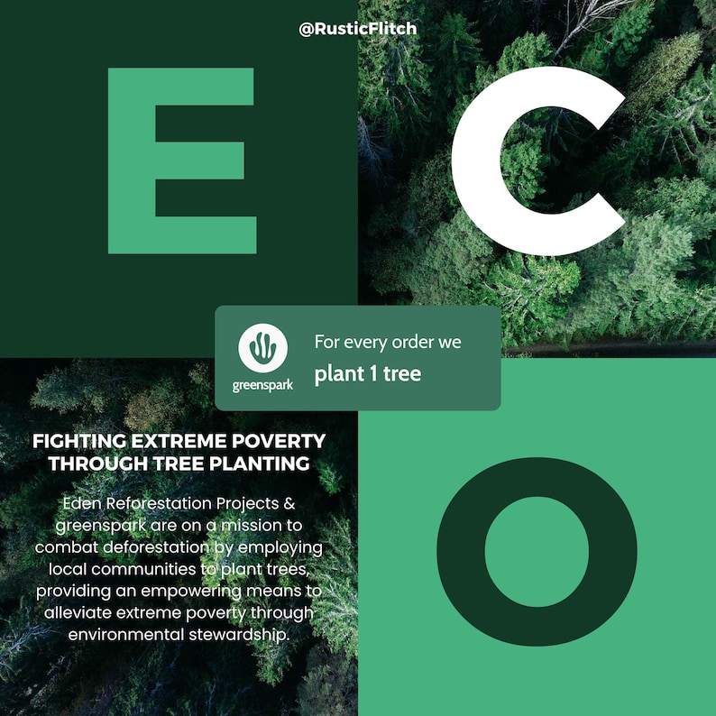 May include: An eco-friendly graphic with the word "ECO" in large letters. The image includes text that reads "For every order we plant 1 tree" and "FIGHTING EXTREME POVERTY THROUGH TREE PLANTING". The image promotes environmental stewardship.