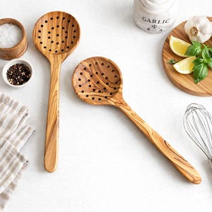 Traditional Olive Wood Slotted Spoon, Wooden Cooking Skimmer and Strainer - Crafted from one piece of sustainable olive wood