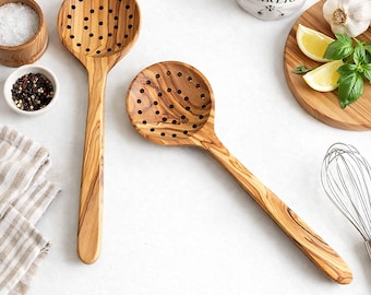 Traditional Olive Wood Slotted Spoon, Wooden Cooking Skimmer and Strainer - Crafted from one piece of sustainable olive wood