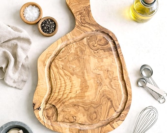 Olive Wood Serving Board with Juice Groove, Large Carving Board, Rustic Chopping Board, Steak & Meat Board, Kitchen Gift