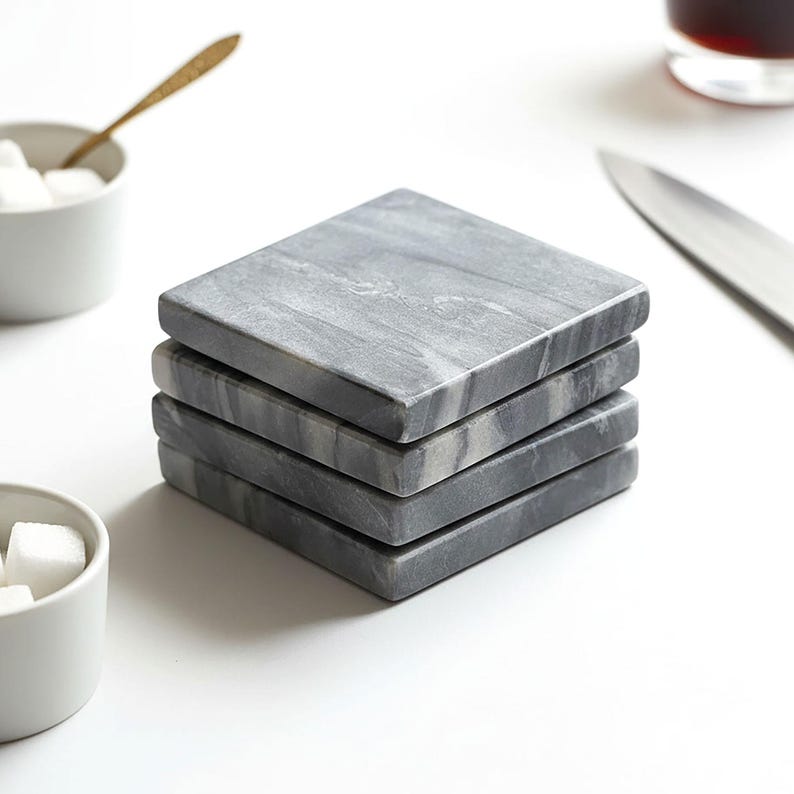 Square Marble Coaster Set, Handmade Natural Stone Drink Coasters, Modern Coffee Tea Wine Coasters, Contemporary Housewarming Gift image 3
