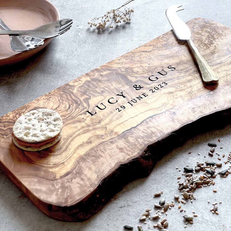 Personalized Rustic Olive Wood Cutting Board New Home Gift Personalised Anniversary Cheeseboard Birthday Unique Wedding Gift image 1