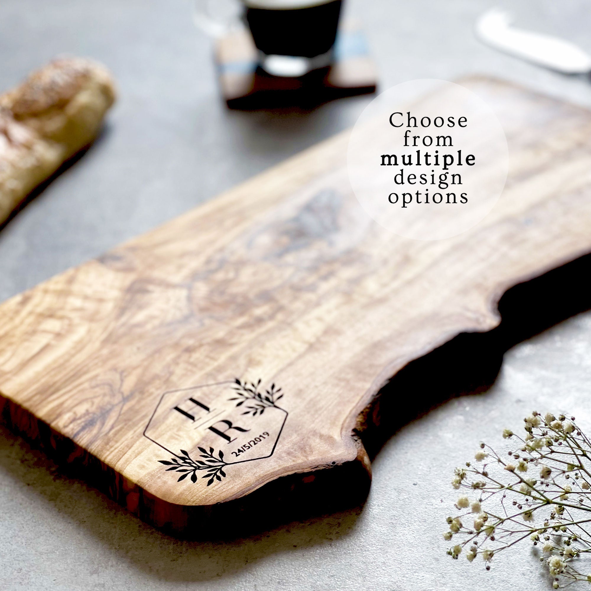 Personalised Bespoke Olive Wood Cheeseboard Wedding and 5th Anniversary Gift | Unique Natural Gift For Housewarmings, Birthdays & New Homes