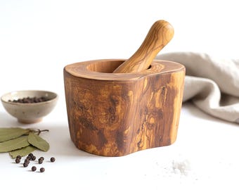 Rustic Olive Wood Pestle and Mortar | Wooden Herb & Garlic Crusher, Spice Grinder and Traditional Organic Kitchen Accessory