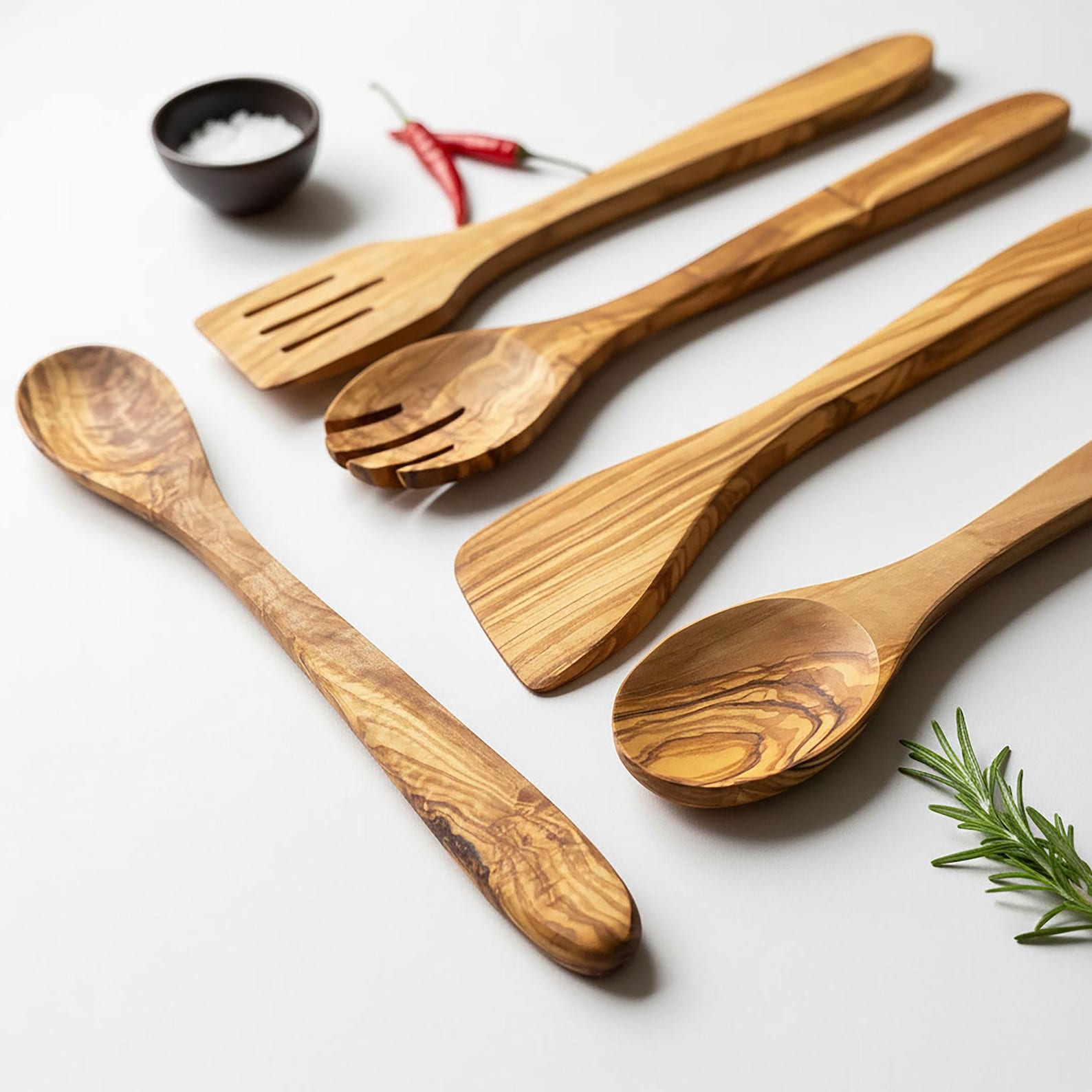 Traditional Olive Wood 5 Piece Kitchen Utensil Set | Wooden Cooking Utensils | Sustainable and Organic Kitchenware | Gift for Home Chefs