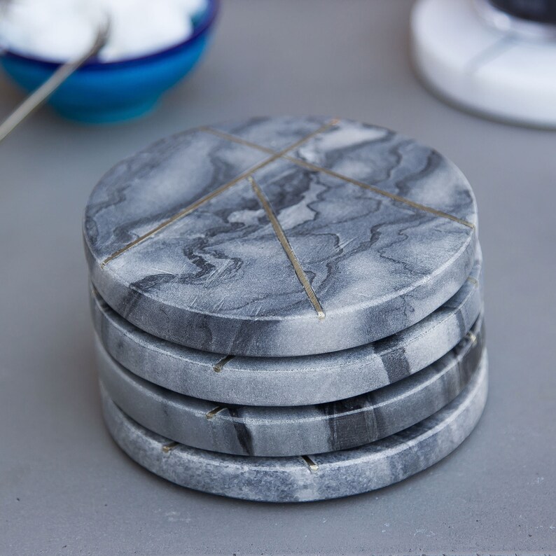 Set of 4 Contemporary Marble Coasters With Brass Detailing Etsy