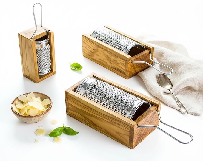 Cheese Grater With Olive Wood Box | Crafted from Premium and Sustainable Italian Olive Wood | Perfect For Hard Cheeses