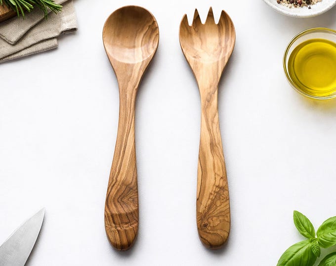 Traditional Olive Wood Wooden Salad Servers | Sustainable with No Glue or Plastics Used | Rustic Kitchen Utensils and Salad Hands