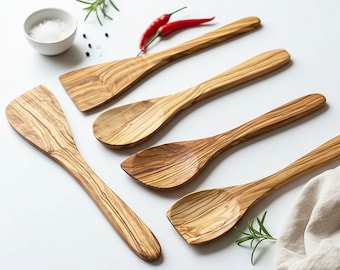 Traditional Olive Wood 5 Piece Kitchen Utensil Set | Cooking Spatulas, Wooden Utensils & Kitchenware | Eco Friendly and Sustainably Made
