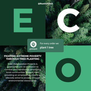 May include: Green graphic with the letters "E" and "C" in white, with a green circle in the middle. The text "For every order we plant 1 tree" is in white text on a green background. The text "FIGHTING EXTREME POVERTY THROUGH TREE PLANTING" is in white text on a green background. The text "Eden Reforestation Projects & greenspark are on a mission to combat deforestation by employing local communities to plant trees, providing an empowering means to alleviate extreme poverty through environmental stewardship." is in white text on a green background.