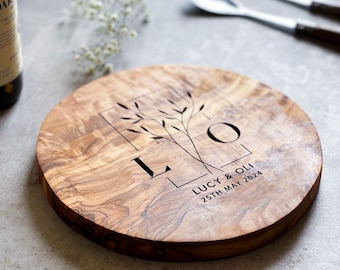 Personalised Round Olive Wood Cheese board | Personalised Wedding Gift | Hew Home | Anniversary |  Gifts for Couples | Charcuterie