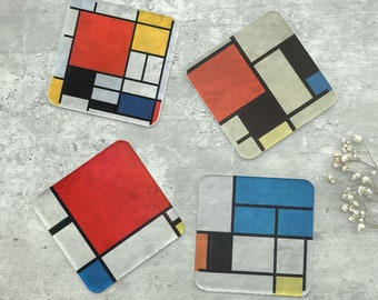 Set of 4 Piet Mondrian Art Coasters | Composition | Desk Accessories | Gifts for Dad | Art Lover Gifts | Abstract Art | Classic Art